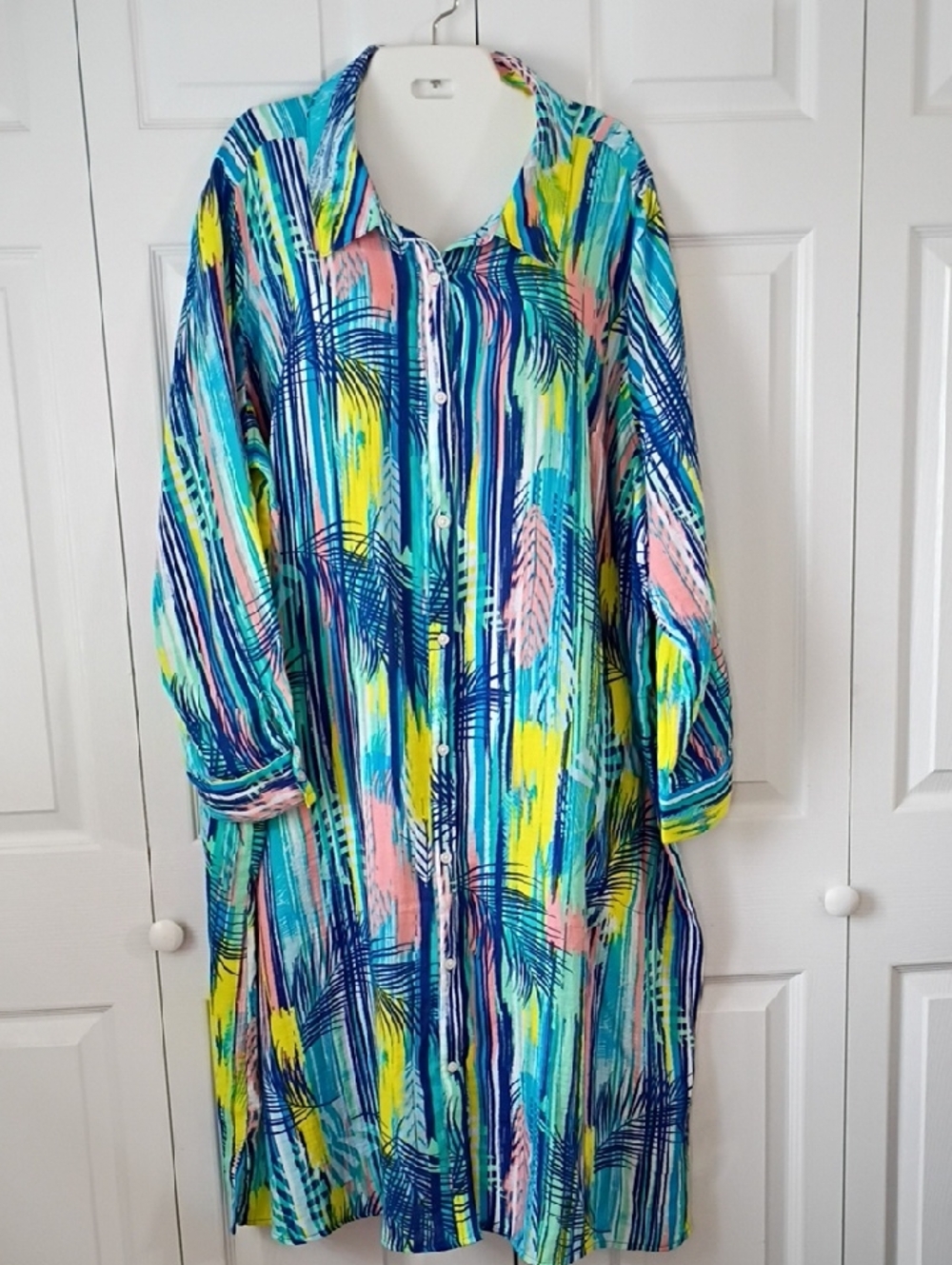 D & Co Tropical Stripe Button-Front Cover Up House Dress in Aqua & Navy 2X